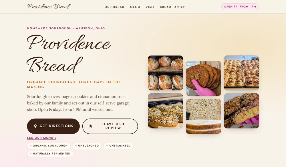 The top of the Providence Bread website on a computer: the logo, the menu, the headline, a Get directions button and photos of sourdough loaves, cookies and cinnamon rolls