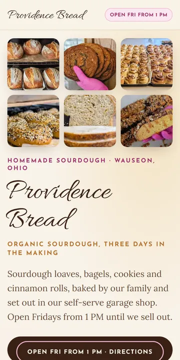 The same Providence Bread website on a phone: a photo grid, the headline and one big Directions button